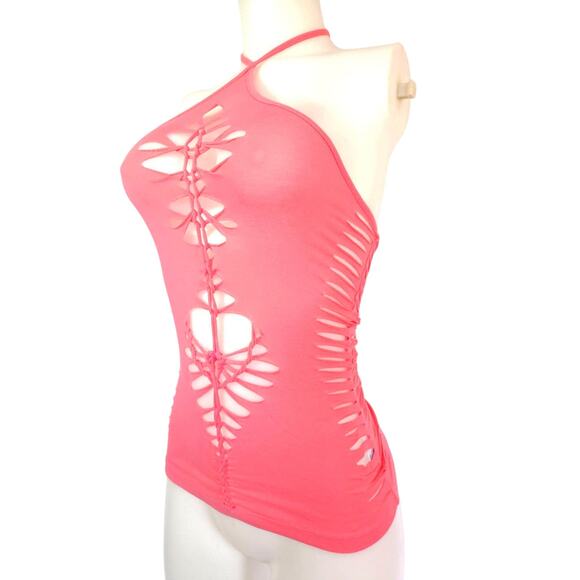 ROSE WEB - SMALL - Coral Halter Top with Cut and Weaved Front, Sides, and Back - Picture 4 of 5